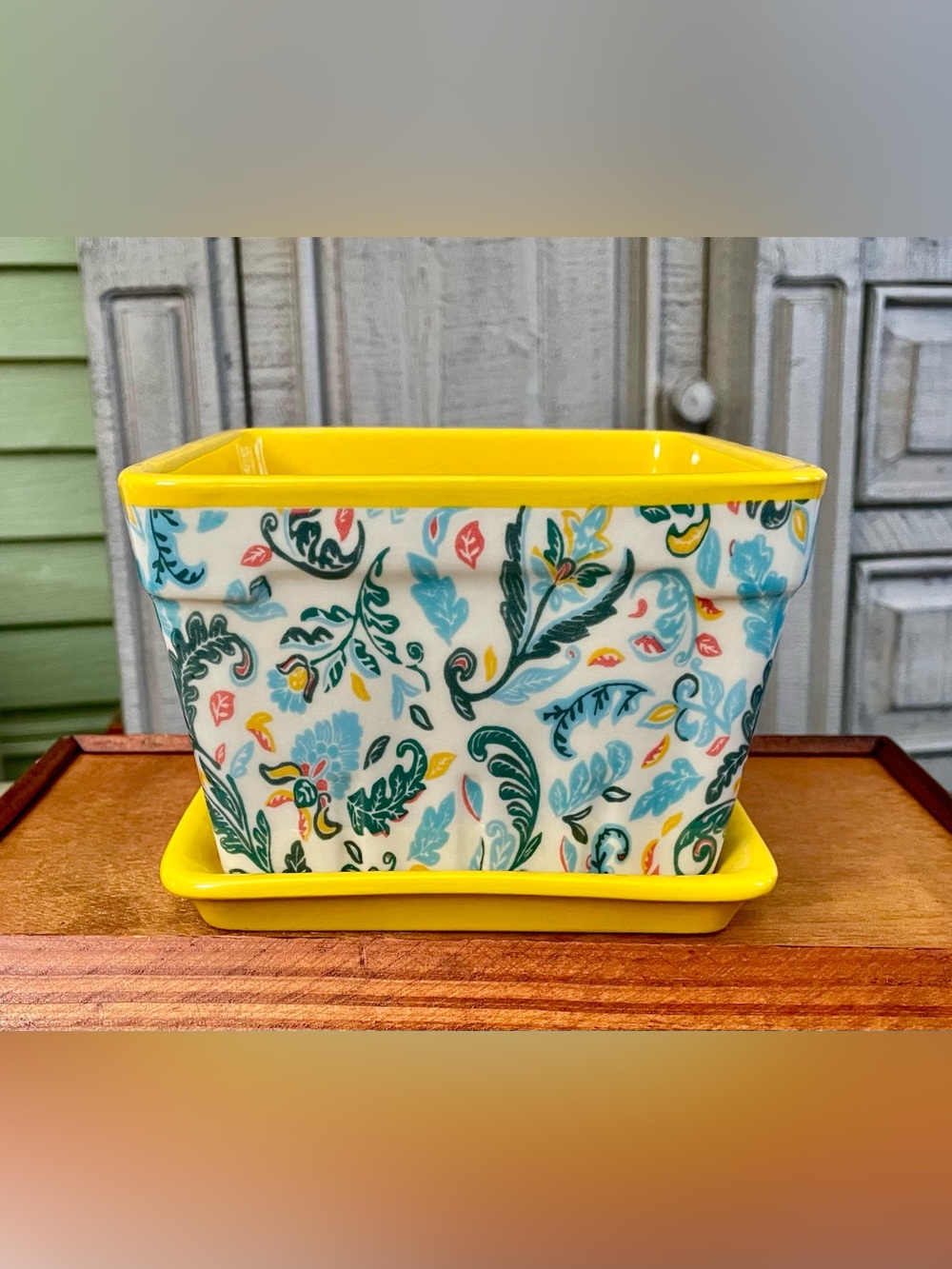 The Pioneer Woman Mazie Toss Square Planter - Yellow Floral - Weighty Piece